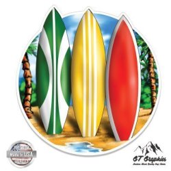 Surfboards Tropical Beach Ocean Surfing - 5" Vinyl Sticker - For Car Laptop I-pad - Waterproof Decal