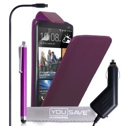 Htc One MINI Case Purple Pu Leather Flip Cover With Stylus Pen And Car Charger