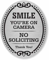 Smartsign "smile You're On Camera No Soliciting - Thank You " Diamond Plate Door Sign 4" X 5" Aluminum