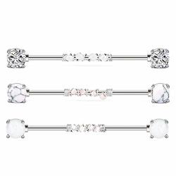 Jforyou 3 Pcs 14G Industrial Barbell Surgical Steel Industrial Piercing Barbell With Marble Stone Opal Cz Style