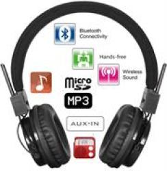 AllRing Collapsible Bluetooth Wireless Stereo Headset with Hands-Free Call, Microphone, MicroSD Slot & FM Radio in Black