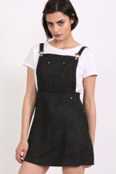 Pilot Faux Suede Dungaree Dress In Black