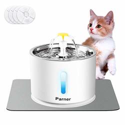 Water Cat Fountain Stainless Steel LED Indicator 81OZ 2.4L Automatic Pet Fountain With 4 Replacement Filters & 1 Silicone Mat For Cats Dogs Multiple