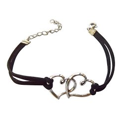 Yves Renaud 7.25 Inches Black Suede Silver Tone Double Heart Bracelet - Fashion Jewelry For Women