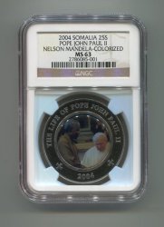 Ngc Graded Somalia 25 Shillings Ms 63 Pope John Paul 11 Nelson Mandela Colorized 2004 Coin - Rare