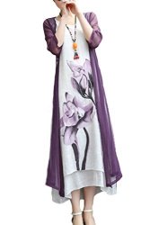 Bubblekiss Women Mori Girl Style Round Neck Asymmetric Hem Color Block Floral Printed Cotton linen Two-piece Maxi Dress Purple