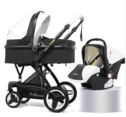 BABY Pram Stroller - Pu Leather 4 Wheel 3 In 1 Foldable Pram With Car Seat- Black And White