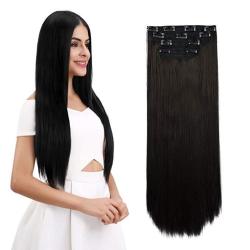 Reecho 24" Straight Long 4 Pcs Set Thick Clip In On Hair Extensions Black Brown
