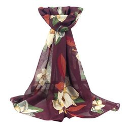 Women Elegant Floral Printed Soft Chiffon Shawl Wrap Scarf Oversized Beach Towels By Sukeq 5927.6" Wine