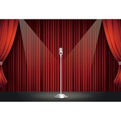 Yongfoto 10X7FT Theatre Stage Backdrop Red Curtain Karaoke Vintage Microphone Spot Light Singing Competition Photography Background Play Show Music Drama Performance Decor Banner Photo