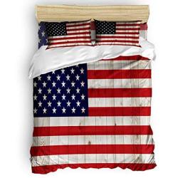 Picpeak Home Bedding Set 4 Piece Duvet Cover Set Twin Size Retro American Flag Rustic Wood Soft Bed Sheets Duvet Cover Flat Sheet And Pillow Covers