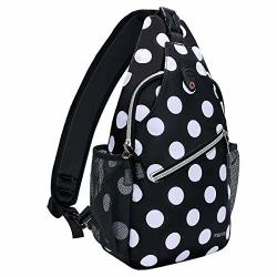 Mosiso Sling Backpack Travel Hiking Daypack Pattern Rope Crossbody Shoulder Bag Black Base White Dot