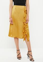 Missguided Satin Ruffle Side Slit Midi Skirt - Mustard