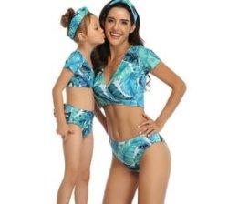 2 Piece Nylon Matching Bikini Swimwear Bathing Suits For Mom Or Daughter - Blue - Tropical Print - Size S