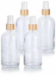 8 Oz Clear Boston Round Thick Plated Glass Bottle With Gold Fine Mist Sprayer 4 Pack - Perfect For Home Cleaning Cooking Essential Oils Diy Gifts