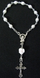 White Faux Pearl One Decade Rosary With White Porcelain Rose