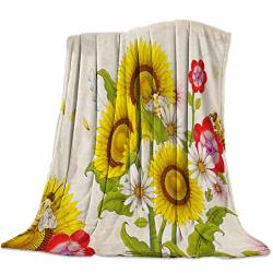 Cozy Flannel Blanket For Couch bed office travel 39 X 49 Inches Honey Bees In The Garden Sunflowers Wildflowers - Luxury Soft Warm Throw Blanket For Children parents