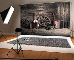 Laeacco 10X6.5FT Vinyl Photography Backdrop Old Barn Western Cowboy Vintage Wheel Boots Guitar Gloomy Stripes Wood Plank Straw Photo Background Children Baby Adults Portraits