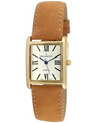 Peugeot Women's 14K Gold Plated Tank Leather Dress Watch With Roman Numerals Dial Tan