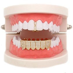 Lureen 14K Gold Silver Iced-out Pave Cz Bar Top And 6 Bottom Teeth Grillz Set + Extra Molding Bars Gold