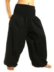 Jing Shop High Cut Harem Baggy Pants With Wide Legs And Smocked Wide Waist Cotton Black
