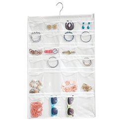 MetroDecor Mdesign 48 Pocket Hanging Jewelry Organizer Storage Bag With Over Closet Rod Hanging Hook: Double Sided Easy-view Clear Pockets With Fabric Backing And Trim