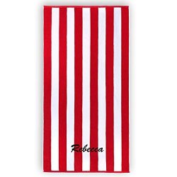 Kaufman - Personalized 32IN X 62IN Joey Velour Cabana Stripe Beach And Pool Towel 100% Cotton Embroidered Red