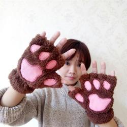 Cute Bear Paw Plush Gloves Winter Warm Knitted Gloves High Quality Half Finger Cartoon G... - Red
