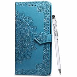 Xmas Mall Case For P20 Lite 2019 Huawei Nova 5I Case Premium Pu Emboss Mandala Leather Flip Standing Cover With Free Dual Use Pen - Blue