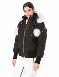 Moose Knuckles Women's Debbie Bomber Down Jacket With Fur Pom Pom Outerwear Black natural Fur XL