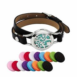 Evangelia.ym Leather Wrap Bracelet For Women Men With 16PCS Scented Cotton Multi-layer Adjustable Buckle Aromatherapy Oil Diffuser 316L Stainless Steel Locket Magnetic Bracelet Multicolor