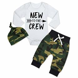 Newborn Baby Boy Clothes New To The Crew Letter Print Romper+long Pants+hat 3PCS Outfits Set 0-3 Months Green