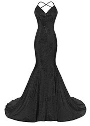Dys Women's Sequins Mermaid Prom Dress Spaghetti Straps V Neck Backless Gowns Black Us 10