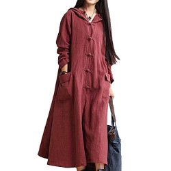 Ibaste_s Womens Casual Hooded Jacket Coat Long Sleeve Solid Open Front Cotton & Linen Maxi Dress With Pockets Plus Size