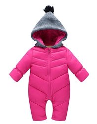 BABY Girl Pink Hooded Duck Down Polyester Jumpsuit 12-18 Months Winter Long Sleeve Bodysuit Onesie Snowsuit