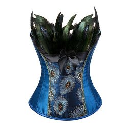 Frawirshau Corset Women Lace Up Peacock Corset Bustier Burlesque Lingerie Top Blue With Lace Mask S