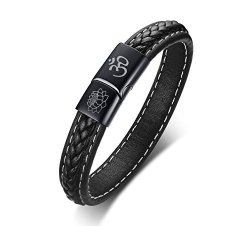Vnox Hindu Buddhist Symbollotus Aum Om Black Braided Leather Magnetic Clasp Cuff Wristband Bracelet
