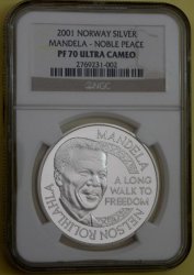 2001 Mandela Noble Peace Laureate Silver - Ngc Graded PF70 Uc Perfect