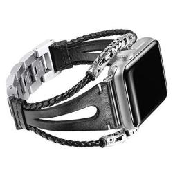 Secbolt Leather Bands Compatible Apple Watch Band 38MM Series 3 2 1 Double Twist Handmade Vintage Natural Leather Bracelet Replacement Bracelet Straps Women Black 1