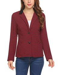Soteer Women's Long Sleeve Blazer Striped Button Jacket Suit Outwear Coat Red M