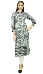 Phagun Womens Indian Designer Cotton Tunic Paisley Bollywood Kurta 3 4 Sleeves Gray Kurti PCKL331A
