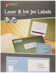 Maco Laser ink Jet White Full Sheet Labels 8-1 2 X 11 Inches 1 Per Sheet 100 Per Box ML-0100