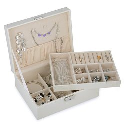KENDAL 2 Trays White Leather Jewelry Box Case Storage Organizer With Lock LJT004WH