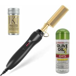 Electric Hair Comb Hair Wax Stick & Olive Oil Glossing Hair Polisher Combo