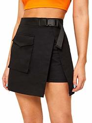 Wdirara Women's Casual High Waist Plain Belted Summer Short Skirt With Pocket Black S