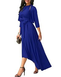 Long Autcy Asymmetrical Irregular High Low Hem Belted Tie Waist Formal Cocktail Party Evening Prom Dresses With Jacket Set For Women Royal Blue M