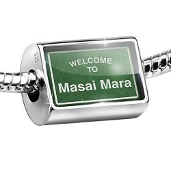 Sterling Silver Bead Green Road Sign Welcome To Masai Mara Charm Fits All European Bracelets
