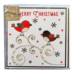 Red And Gold Robin Christmas Cards 2 Designs - Pack Of 10 - 4.9" Square