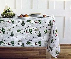 Envogue Cotton Fabric Christmas Holiday Tablecloth Rustic Rural Scene Barns Pine Trees Snow Reindeer Santa Sleigh Pattern 70 Inches Round