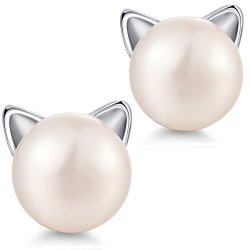 Pearl Cat Earrings Sterling Silver Cat Earrings Freshwater Cultured Pearl Earrings Cat Pearl Earrings 7.5MM Naughty Cute Cat Earrings Silver Cat Earrings For Women Girls